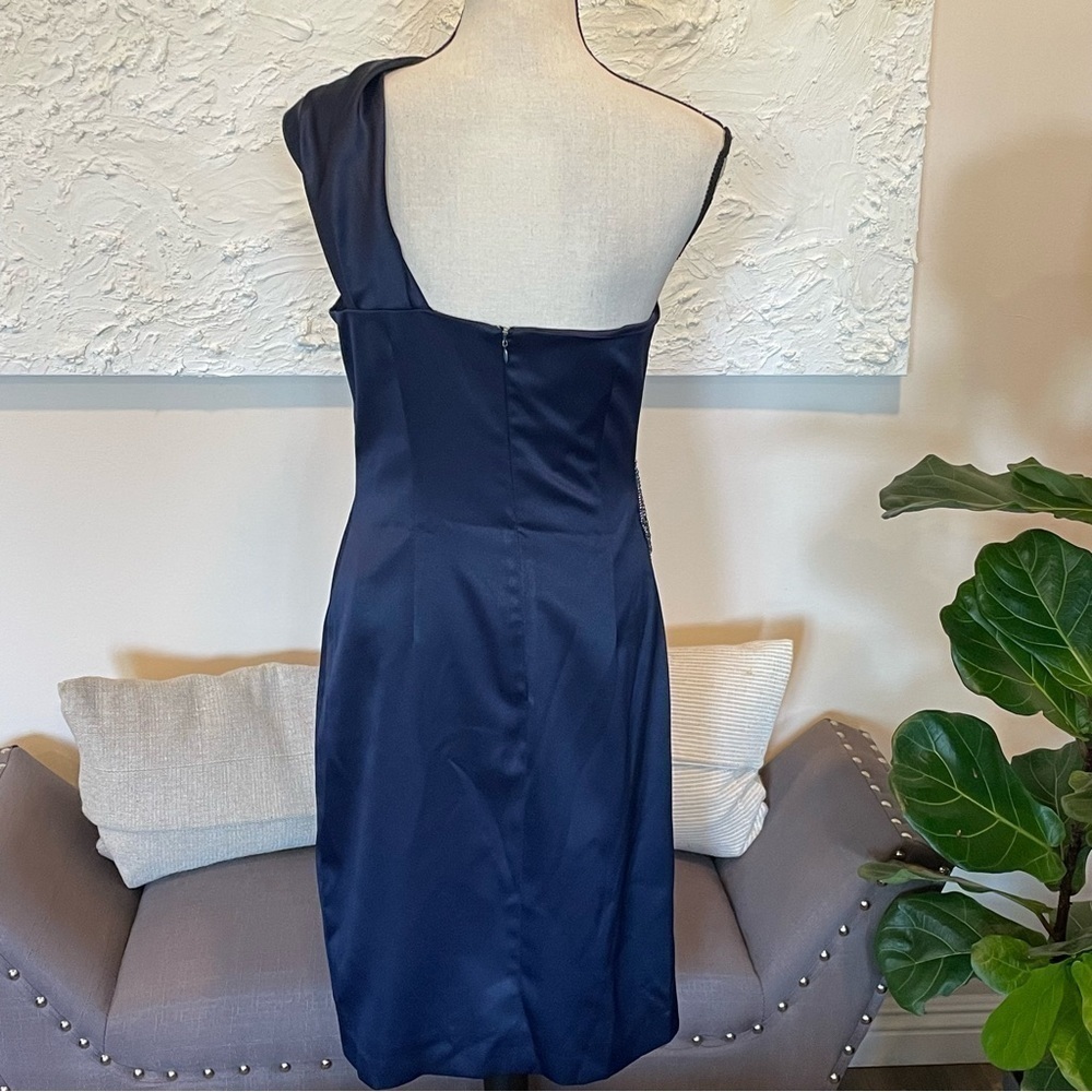 Eliza J Satin One Shoulder Cocktail Formal Dress Navy Blue Sz 6 Embellish Beads - Picture 4 of 10